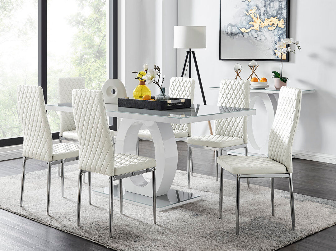 Canora Grey Scottsmoor High Gloss Halo Dining Table Set & 6 Luxury Faux Leather Dining Chairs - Modern Design White/Silver 6