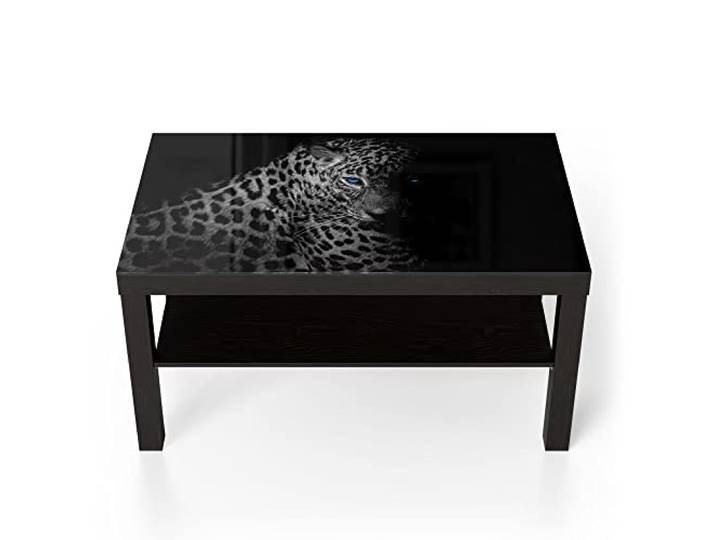 DEQORI Glastisch schwarz groß 90x50 cm Motiv Leopard mit blauen Augen ausgefallener Beistelltisch aus Glas Hochglanz Couchtisch fürs Wohnzimmer moderner Couch Tisch mit Design