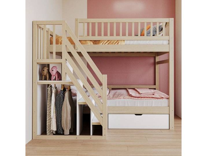 Bladez – Lit superposé enfant 90x200cm – Lit étudiant avec escalier – Lit de rangement – Lit superposé-Bois