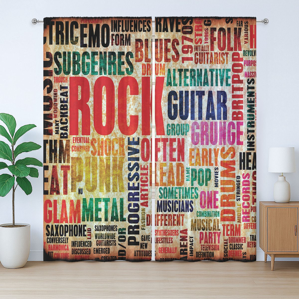 ABAKUHAUS Rustiek Muziek Gordijn met Rock 'n' Roll Poster, Roodbeige, B: 280 cm, H: 245 cm