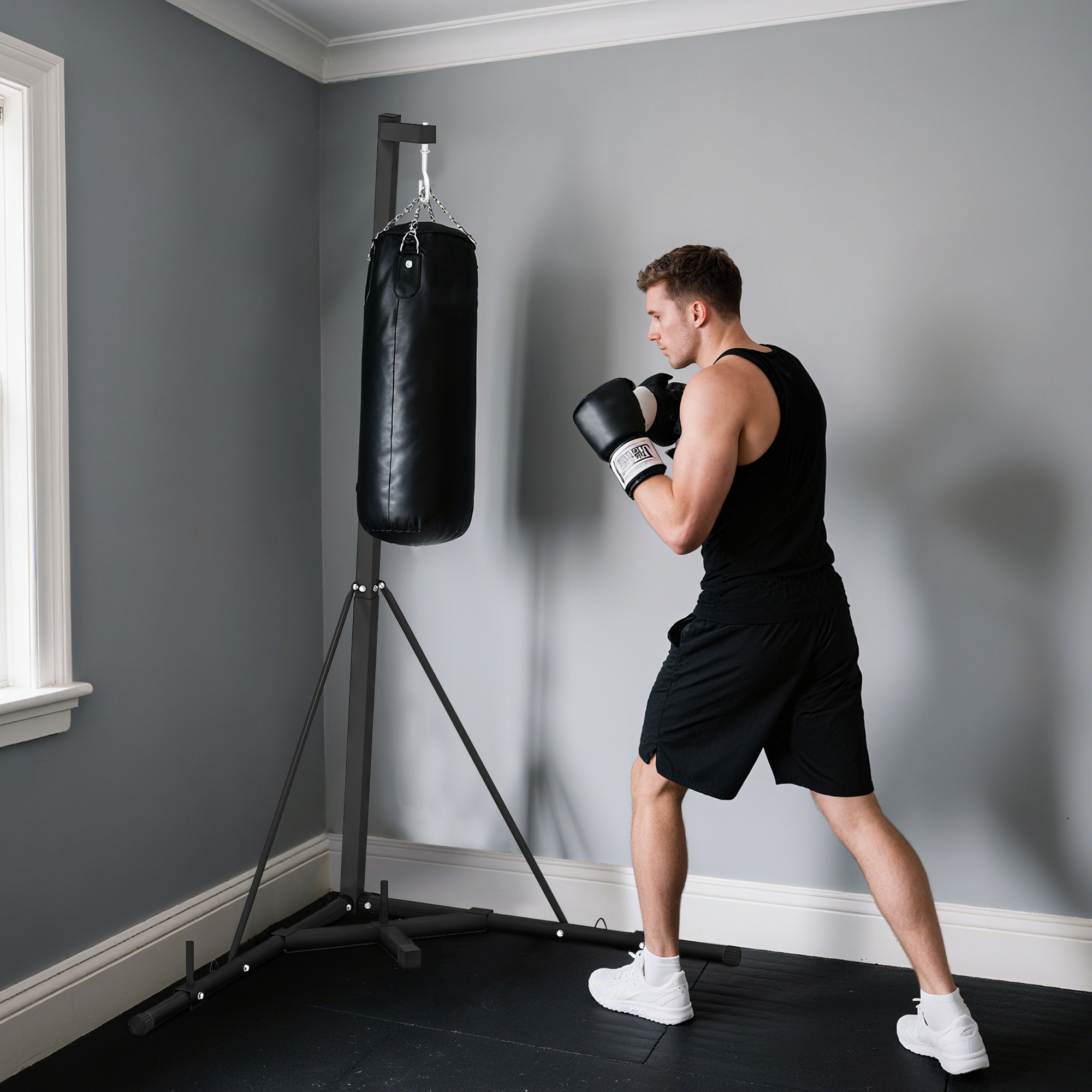 Sportnow Supporto Sacco da Boxe Regolabile in Altezza e Autoportante con Base Triangolare, 170x90x182-225 cm, Nero   Aosom Italy