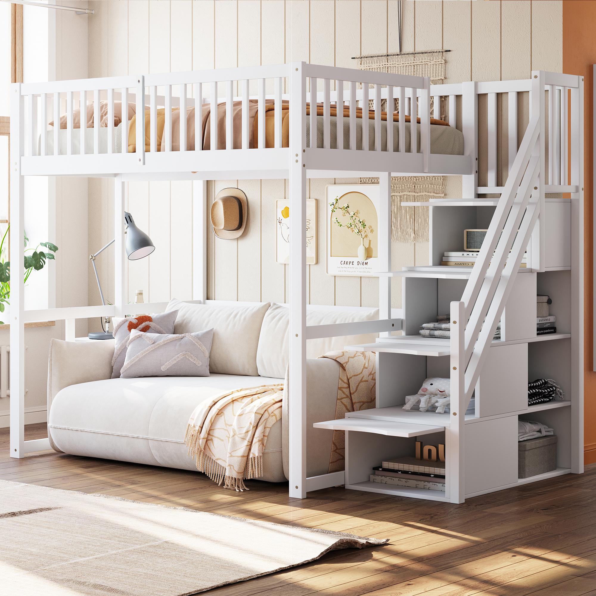 Flieks Etagenbett 140x200cm mit Stauraumtreppe, Kinderbett Doppelbett mit Rausfallschutz, Hochbett Holzbett mit Lattenrost, Weiß