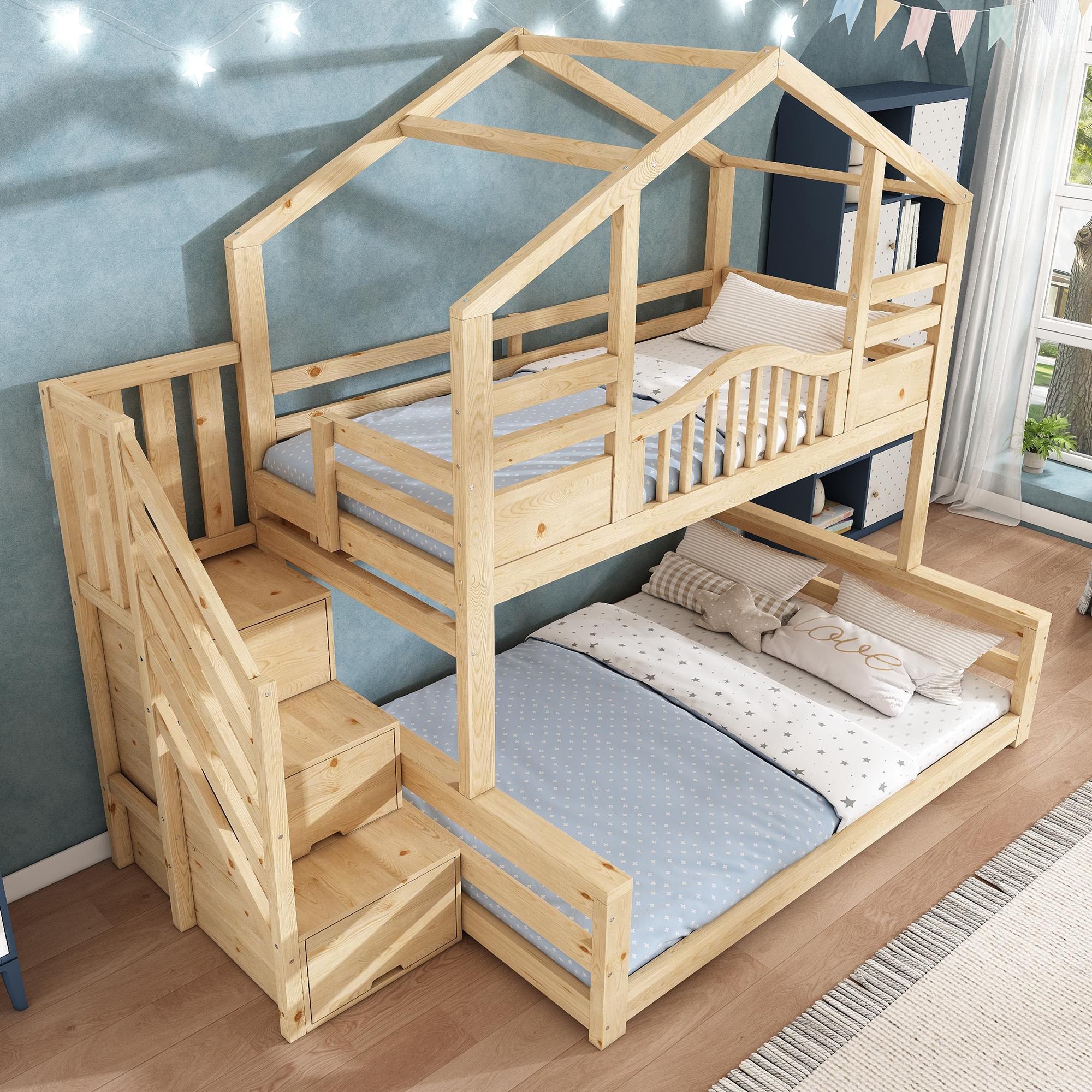 MODFU Etagenbett 140x200 Hausbett Jugendbett Kinderbett mit Naturholz-Optik,Doppelbett mit Treppenschrank und Regalen,Mit Matratze,Natur
