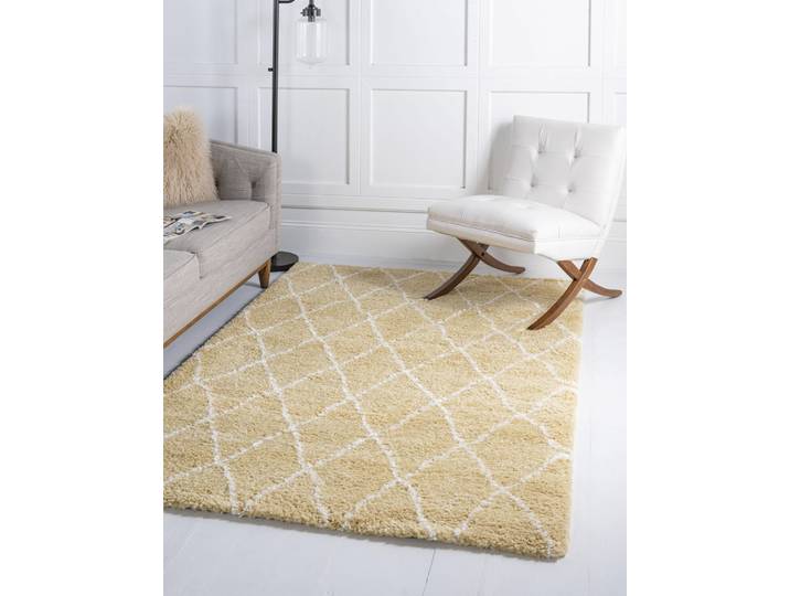 Hochflor-Teppich Temara Shag, LAGERRÄUMUNG , gelb (gelb, elfenbeinfarben), B:122cm H:51mm L:183cm, Polypropylen (PP), MYFLAIR MÖBEL & ACCESSOIRES, Teppiche, Hochflor-Teppich, gewebt, Rauten Design, weich & kuschelig