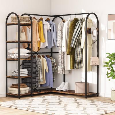 1Easylife Heavy Duty L Shape Clothes Rack,Freestanding Corner Closet Organizer,Large Garment Rack with Storage Shelves and Hanging Rods