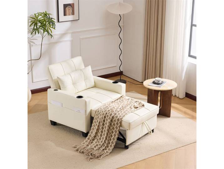 Fauteuil Convertible 1 Place Chauffeuse 1 Place Adulte Canapé Beige 3 en 1 avec Porte-Gobelet et USB Canapé Relax Petits Espaces