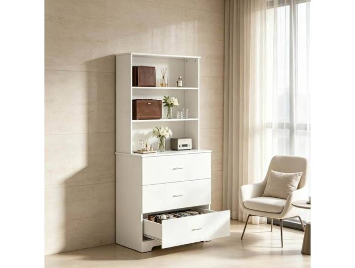 Bibliothèque Blanche 3 Tiroirs Meuble Moderne FloraGrace Pour Salon Bureau Montage Facile 79x39 5x182 2cm
