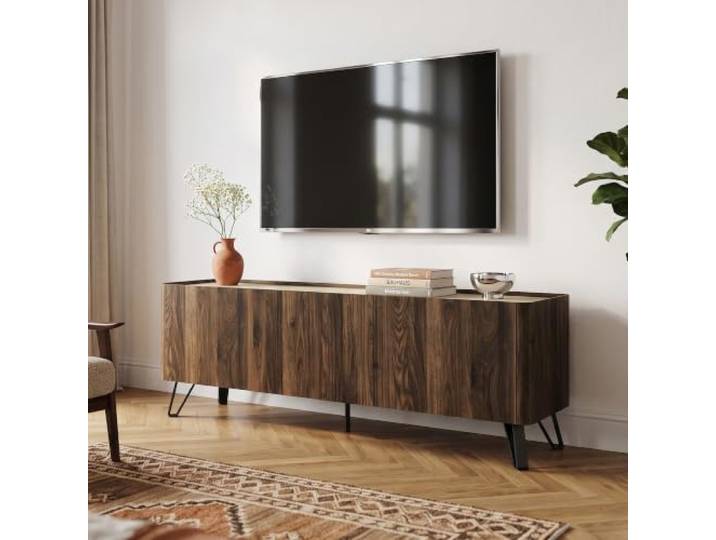 [en.casa] TV Schrank Trorlon mit 4 Türen 160x40x55 cm Walnuss/Travertin Lowboard, für Wohnzimmer, Fernsehschrank mit Stauraum, Sideboard, Fernsehtisch, Kabeldurchlässe