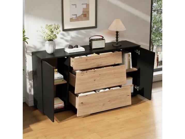 Crlnaup 140 cm (B) Sideboard, 70 cm (H) Küchenschrank mit Arbeitsplatte, Buffetschrank mit 3 Schubladen & 2 Türen, Schließfächer für Küche, Wohnzimmer,Flur & Studie,Schwarz + Holzton,140×35×70cm