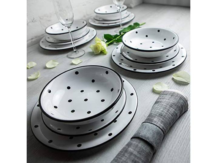 City to Cottage - Teller Set 12-teilig Weiß und Schwarz Polka Dots Handgemacht Keramik Geschirr Set Essgeschirr Service 4 Personen