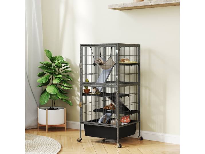 PawHut Cage 4 Niveaux Hamac Roues 52x52x115 cm Gris