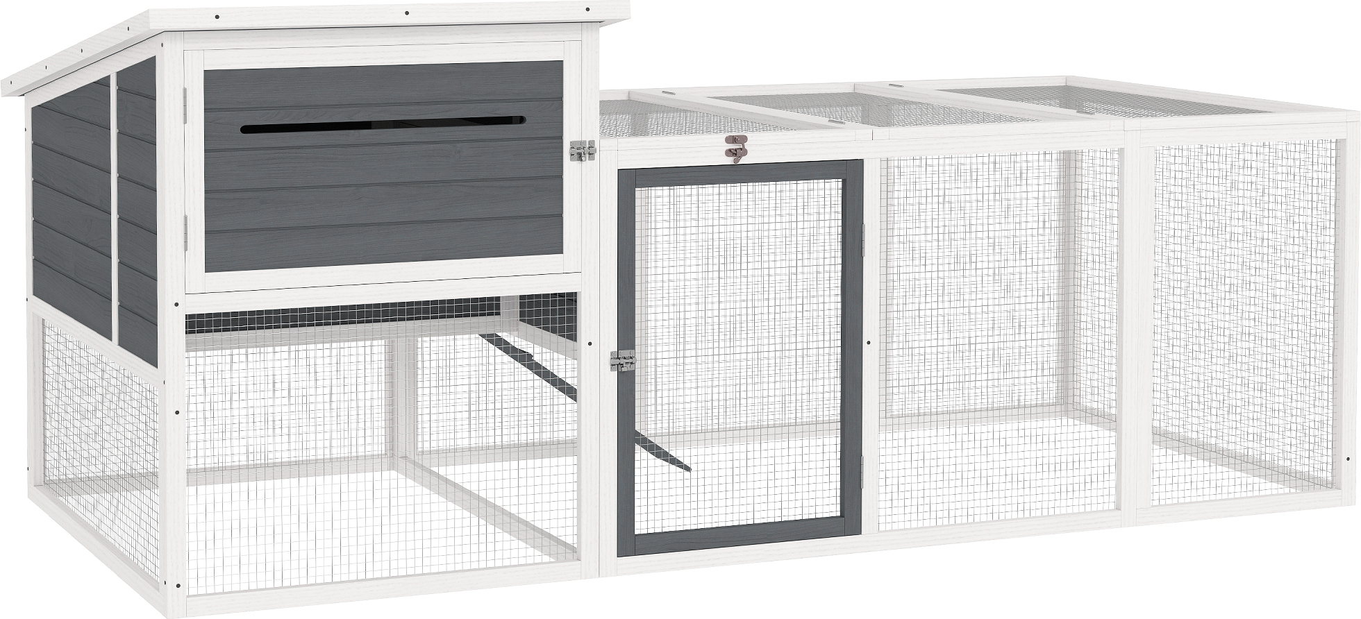 PawHut Hühnerstall für draußen mit Haus, Brutnest, wasserdichtem Dach, abnehmbarem Tablett und Türen, Hühnerauslauf aus Holz für 2-4 Hühner und Kaninchen, 214 x 101 x 91,5 cm, grau