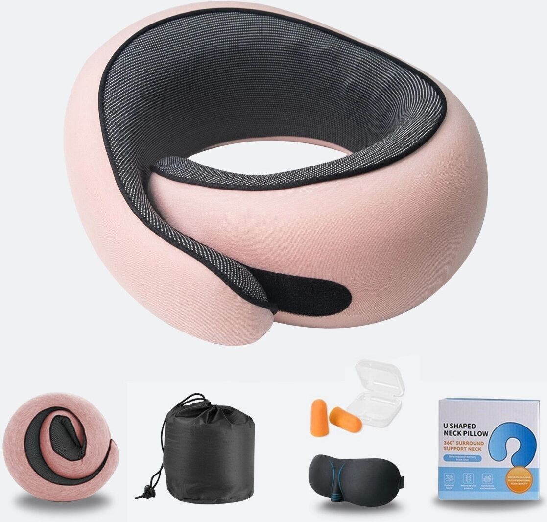 INF Oreiller de voyage en mousse à mémoire en U avec tissu de thérapie magnétique, confort à rebond lent, inclut masque pour Rose