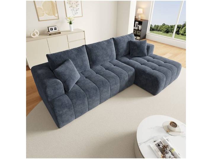 ROVRYN Canape d angle modulaire en L 244 5 x 136 x 79 cm chenille bleue sans cadre avec 2 coussins