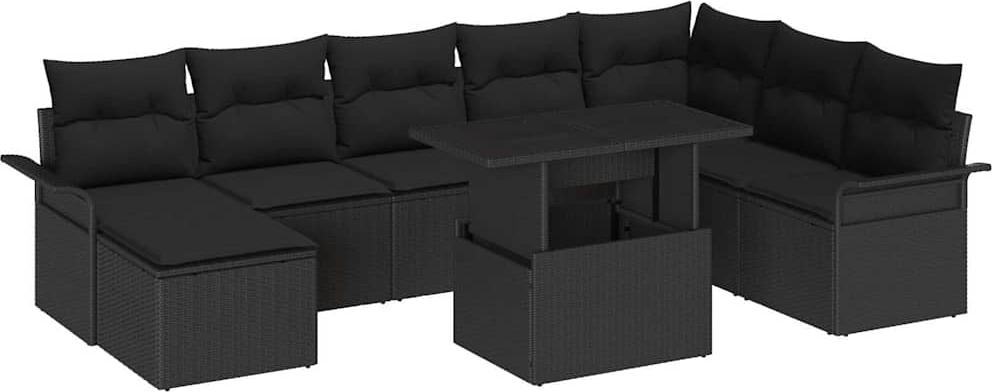 Garten-Sofa-Set, modular, für 8 Personen, Poly-Rattan Schwarz, höhenverstellbarer Tisch mit Sicherheitsglas, pulverbeschichteter Stahlrahmen