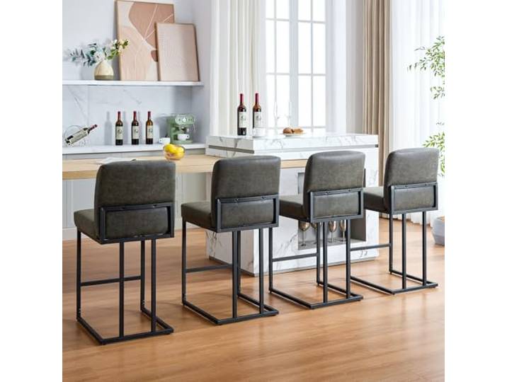 IDEALHOUSE Barhocker mit Rückenlehne 60 cm – Dunkelgrau, PU-Leder, Metallgestell, verstellbare Fußstützen – für Küche, Bar & Spielzimmer – 2er-Set
