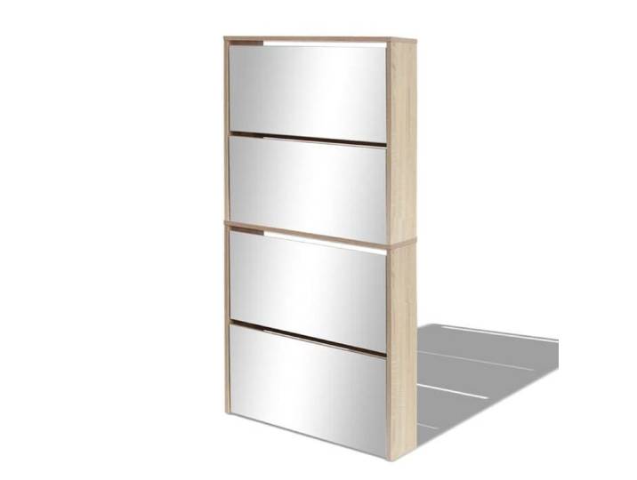 Bonne qualité - Meuble à chaussures - BONNIE - Commode à chaussures 4 étagères avec miroir 63x17x134cm Chêne - Meuble d'entrée
