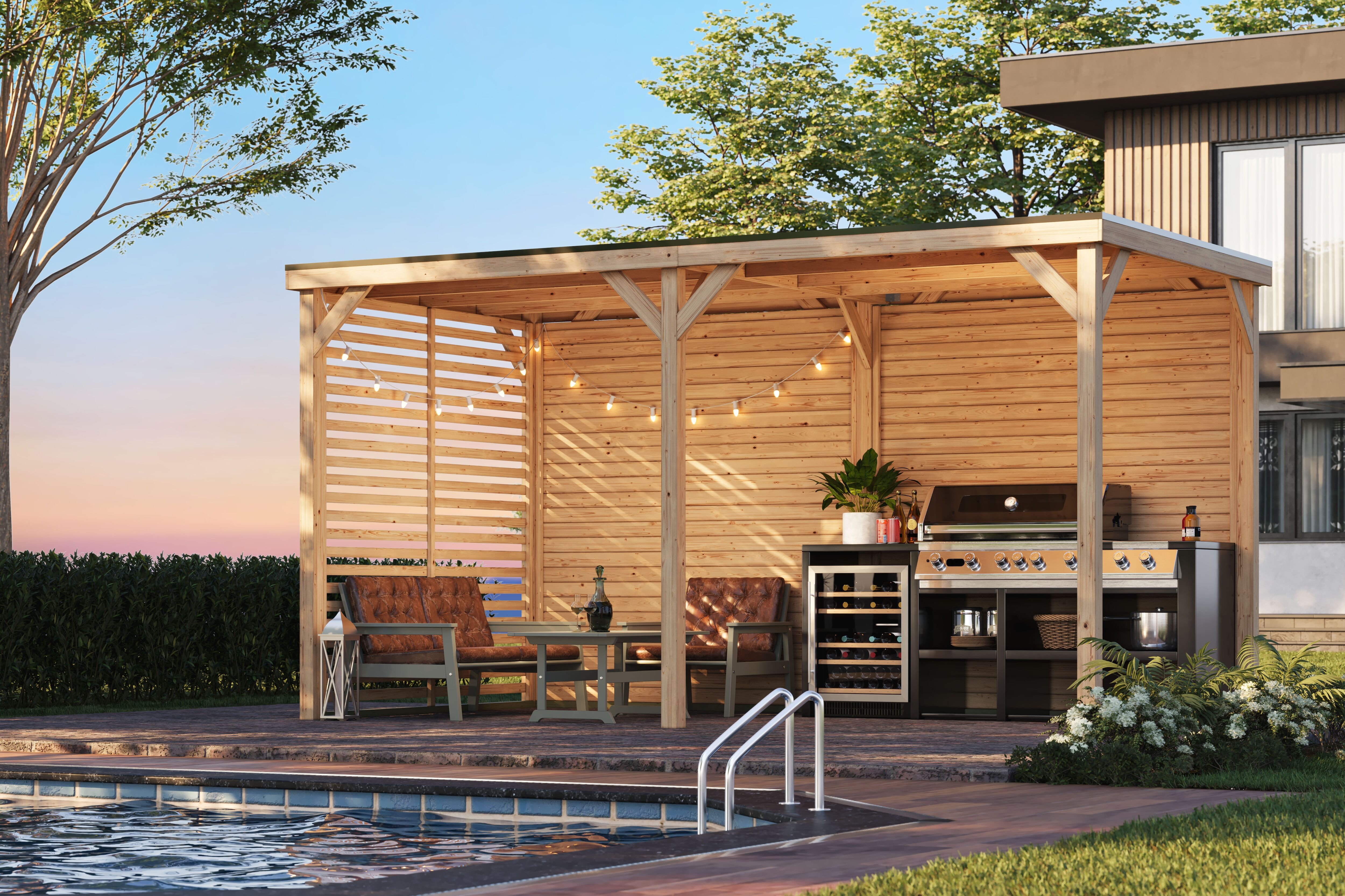 Holzpavillon KARIBU "Pergola Quadratus", braun (naturbelassen), B/H/T: 231cm x 243cm x 453cm, Pavillons, Holzpavillon, verschiedene Größen