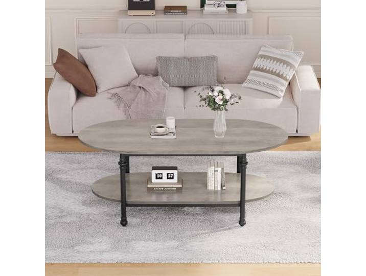 LuxFocus Ovaler 2-stufiger Couchtisch Industrie Holzplatte Holzplatte mit Metallbeinen und offenem Ablagefach für Wohnbereiche