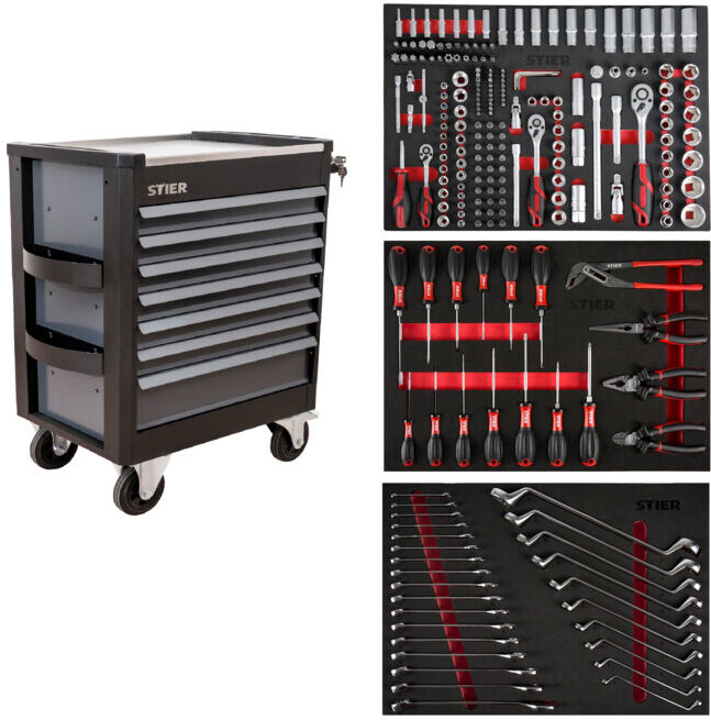 Servante d'atelier STIER Premium avec plan de travail en acier inoxydable, garnie, 223 pièces (906389)