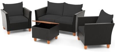 Costway 4 Pieces Outdoor Conversation Set with Storage Coffee Table-Black
