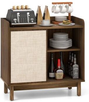 Costway Rattan Buffet Sideboard Mid Century Floor Storage Cabinet with Sliding Door and Adjustable Shelves-Walnut
