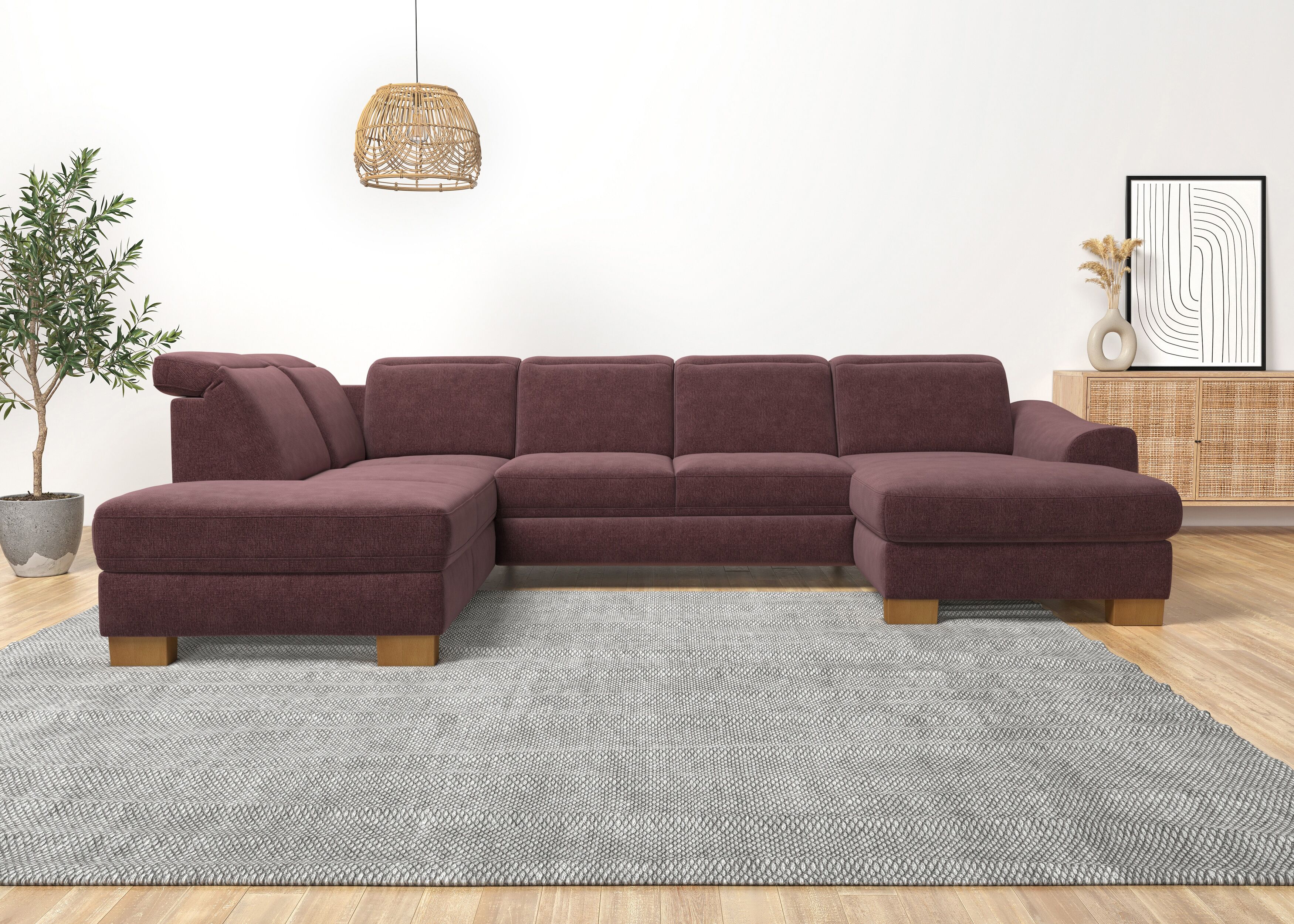 Wohnlandschaft HOME AFFAIRE "Dundee U-Form", lila (flieder), B:338cm H:86cm T:219cm, Flachgewebe (100% Polyester), Sofas, Wohnlandschaft, wahlweise mit Kopfteilverstellung und zusätzlich mit Schlaffunktion flieder B/H/T: 338cm x 86cm x 219cm, Flachgewebe,