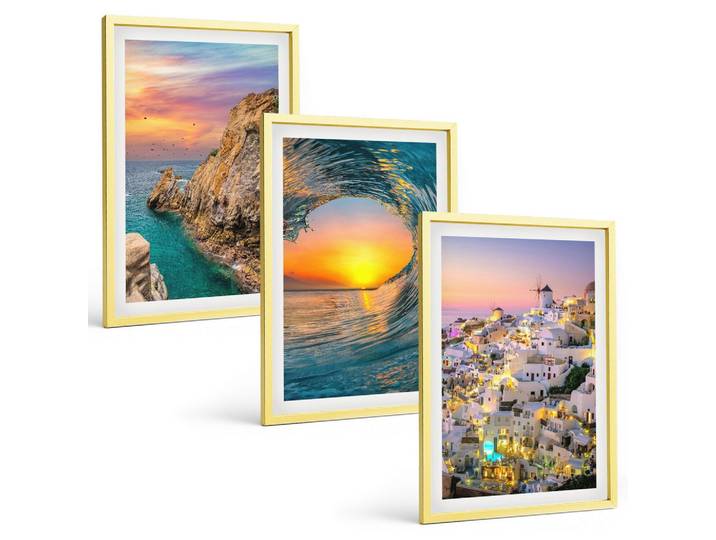 BILDER SET 3er Set - 40x60 cm Goldrahmen - Meereswellen, weiße Häuser, Santorini