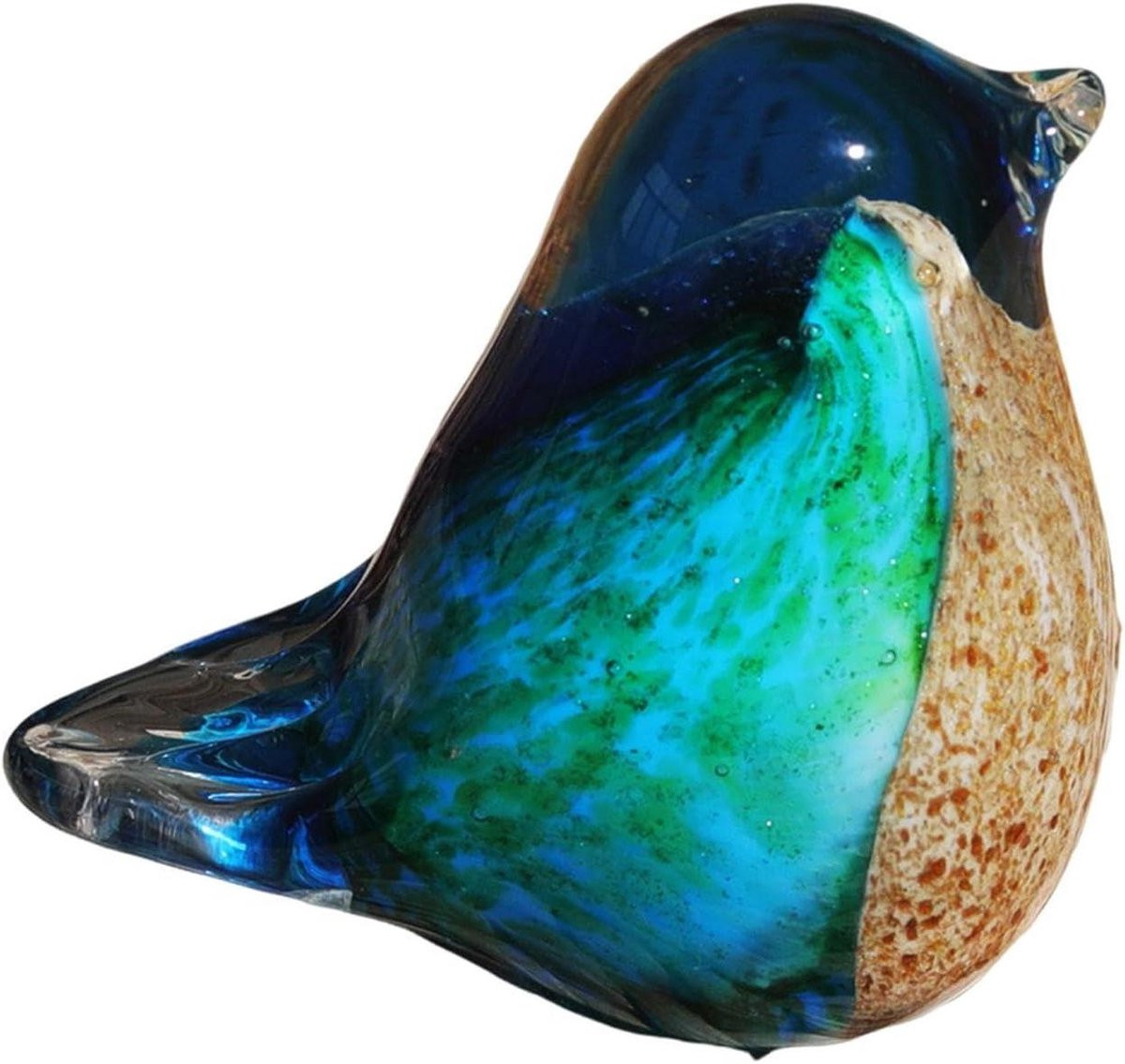 Blauwgroen Glazen Vogel Beeld - Handgeblazen Kunstglas Decoratie - Lengte: 14,6 cm