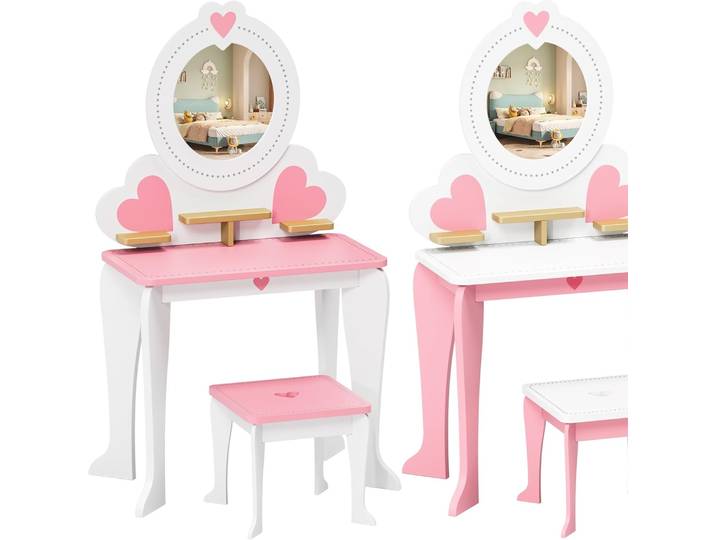 Coiffeuse pour enfants avec miroir amovible, commode en bois avec tabouret, coiffeuse princesse 2 en 1, bureau pour filles