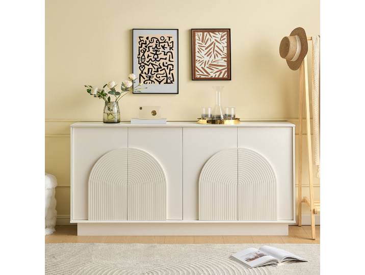 Buffet blanc moderne avec portes incurvées – Armoire de rangement à 4 portes pour salon et salle à manger, MDF avec surface mate