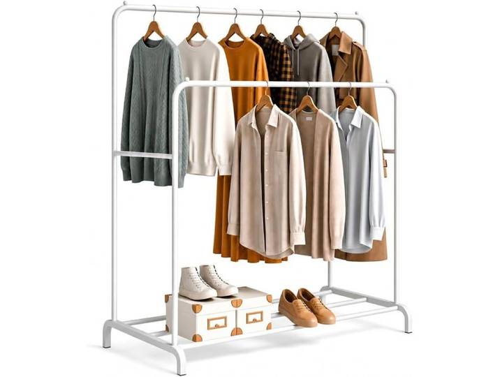 Portant à Vêtements Double Tringle 110x150x54 cm Métal Robuste avec Support Chaussures Pour Chambre Chemises Vestes Pantalons Blanc