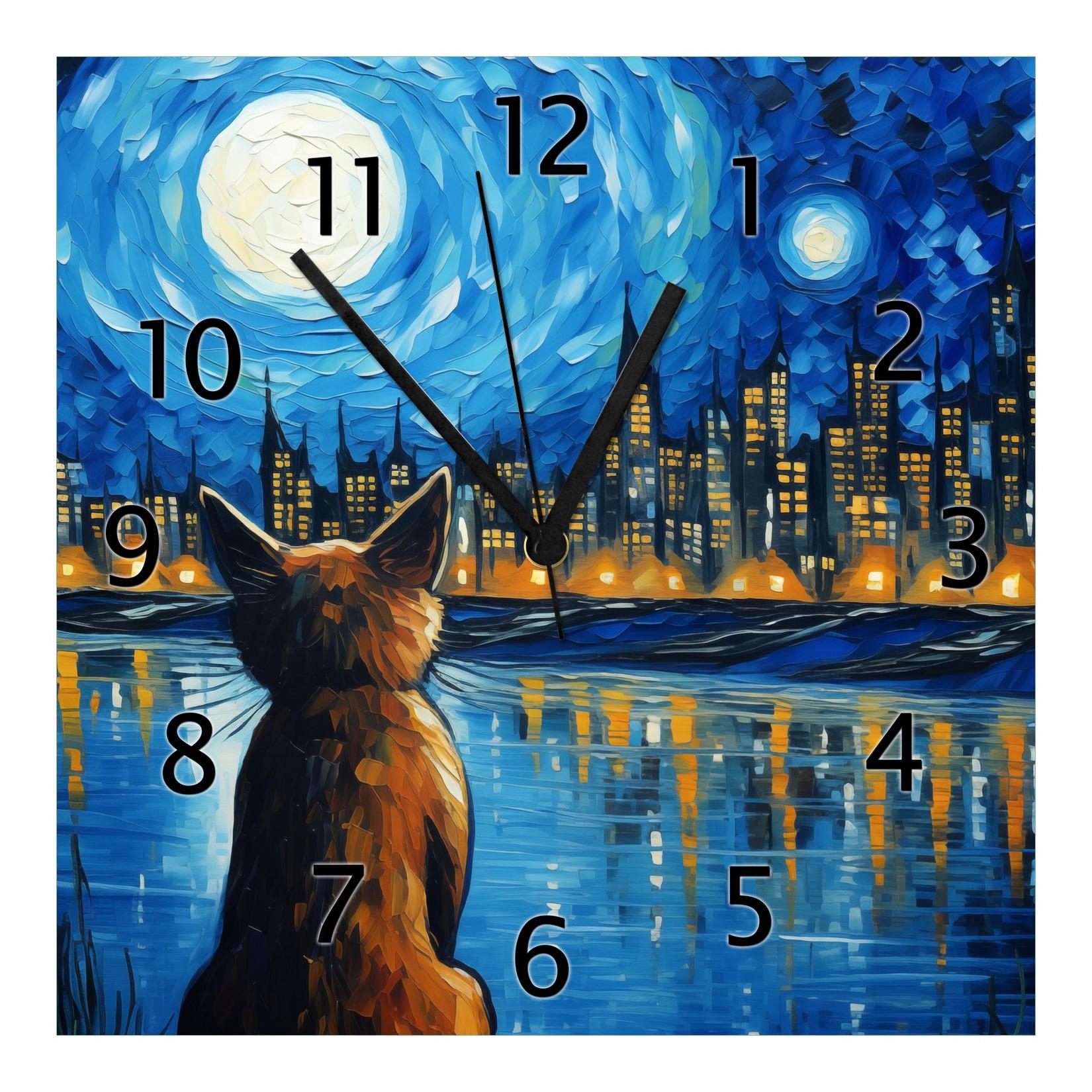 Wallario Uhr 20 x 20 cm, weiße Zeiger Katze im Mondschein