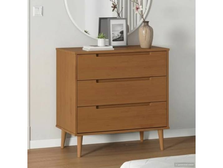 TUERYAFEK Kommode E Karamell 80 x 40 x 80 cm Massives Kiefernholz Drei Schubladen, versenkte Griffe, konische Beine, UV-Lackierung, einfache Reinigung