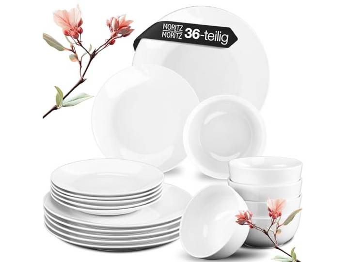 Moritz & Moritz Geschirrset 12 Personen – Geschirr Set aus Porzellan Weiß – 36-tlg. Teller Set mit 12x Speiseteller, Dessertteller & Müslischale – Serie Basic