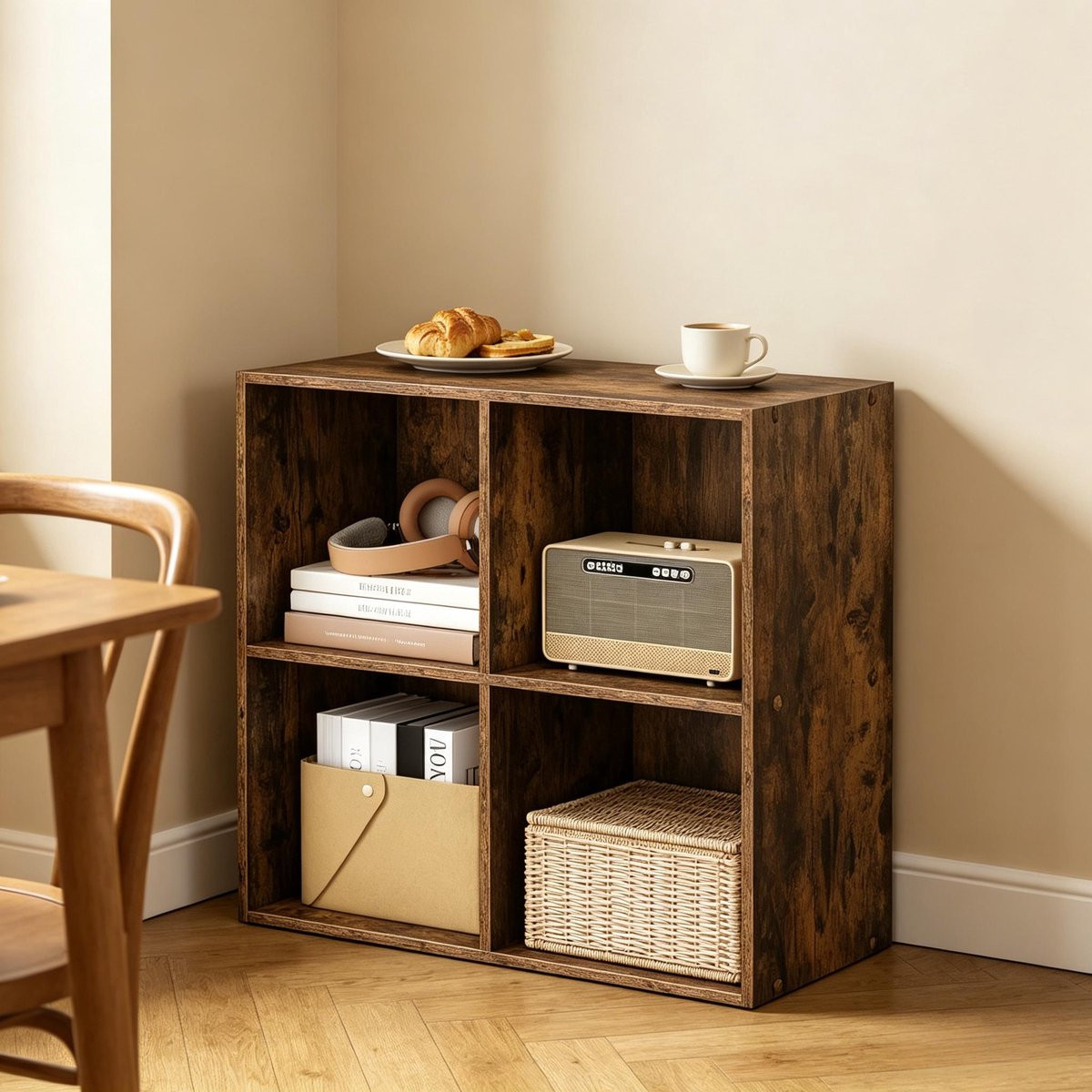 OKWISH Boekenkast met 4 vakken, Rustiek Bruin, B: 59,6 cm, D: 29 cm, H: 59,8 cm