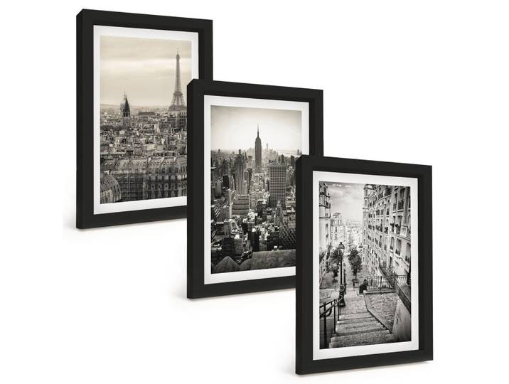 BILDER SET 3er Set - 20x30 cm Schwarzer Rahmen - Aussicht Paris New York Treppen