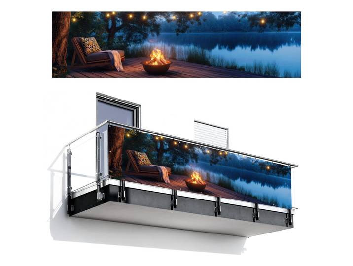 MuchoWow Balkon-Sichtschutz Lagerfeuer - See - Abendlicht, Dunkelblau, Kunststoff, Rechteckig, 300x80 cm, Sonnenschutz, Sichtschutz