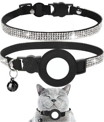 Inspired Deals Luxury AirTag Cat Collar With Rhinestone Bell & Breakaway Safety Buckle For Small Pets white Diamond Black