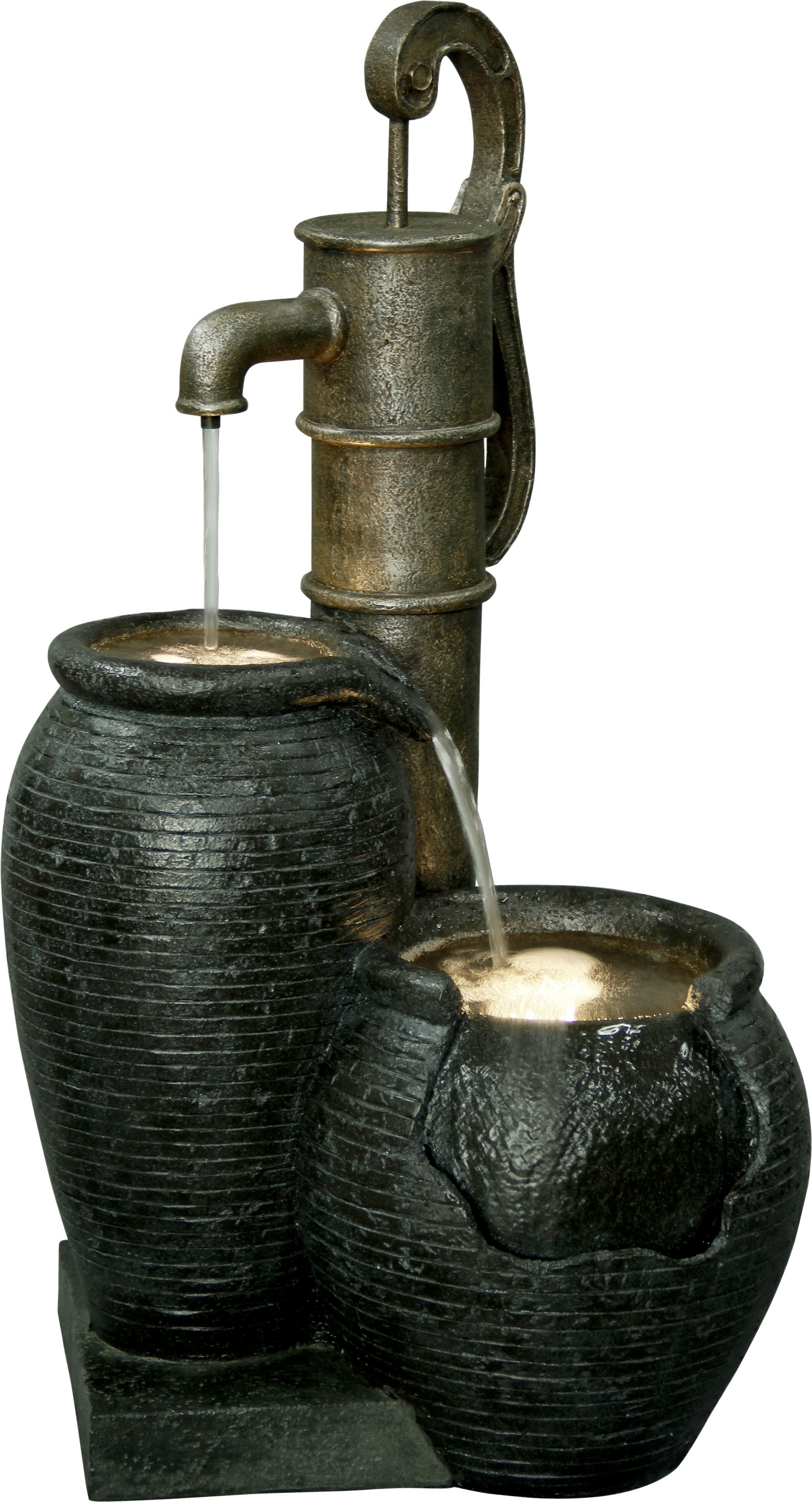 dobar Großer Design Garten-Brunnen mit Pumpe und LEDŽs, Springbrunnen XL mit Zier-Handpumpe für drinnen u. draußen, 47,5x38,5x84 cm, Polyresin