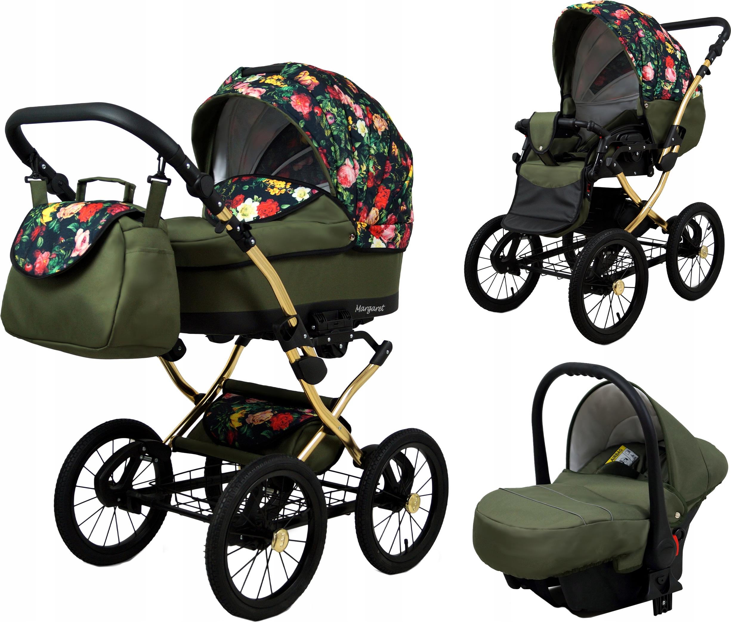 BabyLux Margaret Gold | 3in1 Kinderwagen Set | Roses With Tulips | Kombikinderwagen | Kinderwag