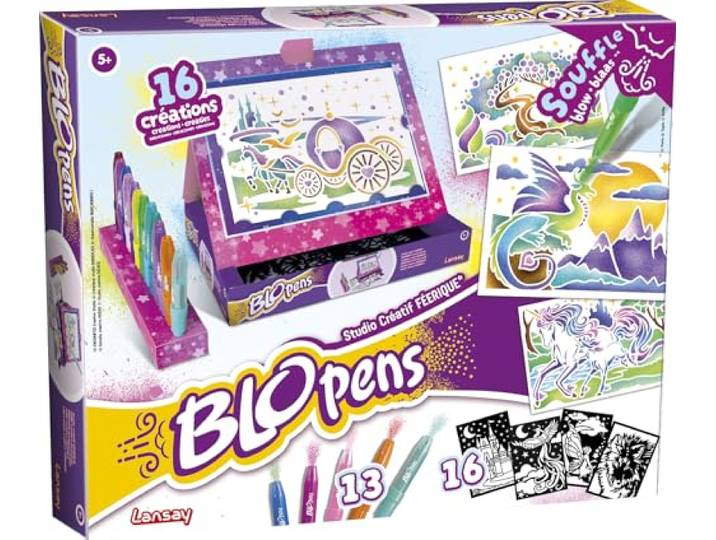 Lansay - Blopens Studio Créatif Féerique - Kit de Dessin - Dès 5 Ans Coloriage à Souffler - 13 Feutres et 16 Pochoirs Licornes et Châteaux - Boîte Transformable en Pupitre - Effet Aérographe