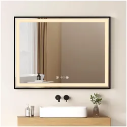 Emke, Spiegel, Badspiegel mit Beleuchtung 80*60cm,Beschlagfrei, Temperatur und Uhr Kaltweiss(6500K), Dimmbar (60 x 80 cm)