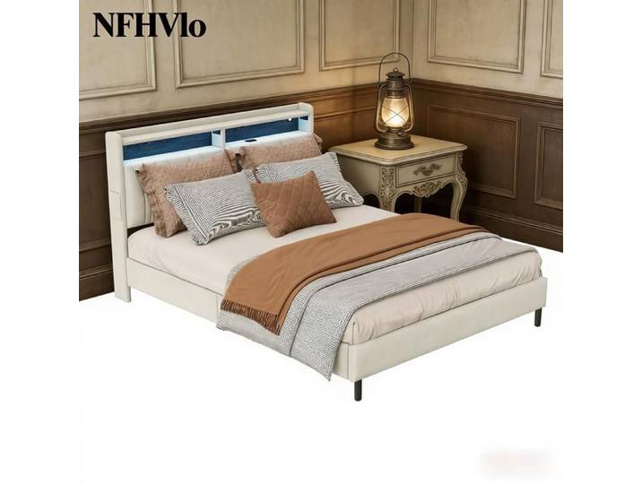 NFHVlo Lit 140 x 200 cm avec sommier à lattes et tête de lit lit capitonné en velours lit double pour adultes