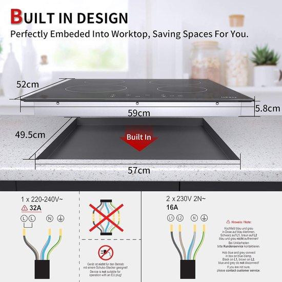 IsEasy Vitrokeramische Kookplaat met 4 zones en touchscreen bediening - Zwart - Breedte: 59 cm