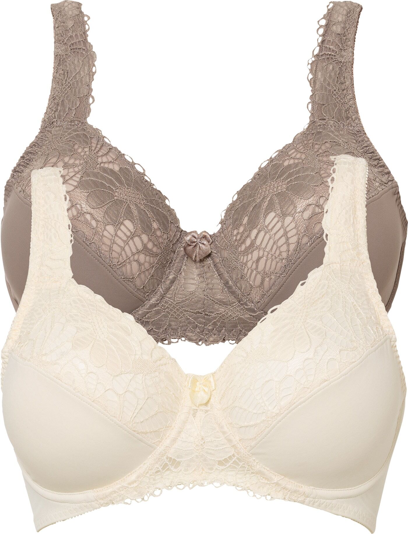 Minimizer-BH BONPRIX "Minimizer-BH mit gepolsterten Trägern (2er Pack)", Damen, Gr. 75, Cup D, 2 Stk., beige (creme, taupe), Obermaterial: 80% Polyamid, 20% Elasthan. Futter: 100% Baumwolle. Spitze: 87% Polyamid, 13% Elasthan, BHs Minimizer-BH, Minimizer-