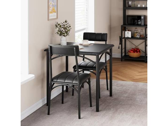 GarveeMore 3-Teiliges Esstischset Für 2 Personen, Kleiner Küchentisch Mit Gepolsterten Stühlen, Quadratischer Holztisch Mit Sitzpolster, Platzsparendes Essset Für Wohnung, Schwarz