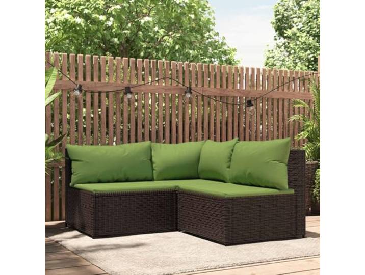 Owoxanthellate 3-Teilige Rattan Eckgarnitur 63×63×57,5 cm, grüne Kissen, wetterfest, Erweiterbar, Balkon Terrasse