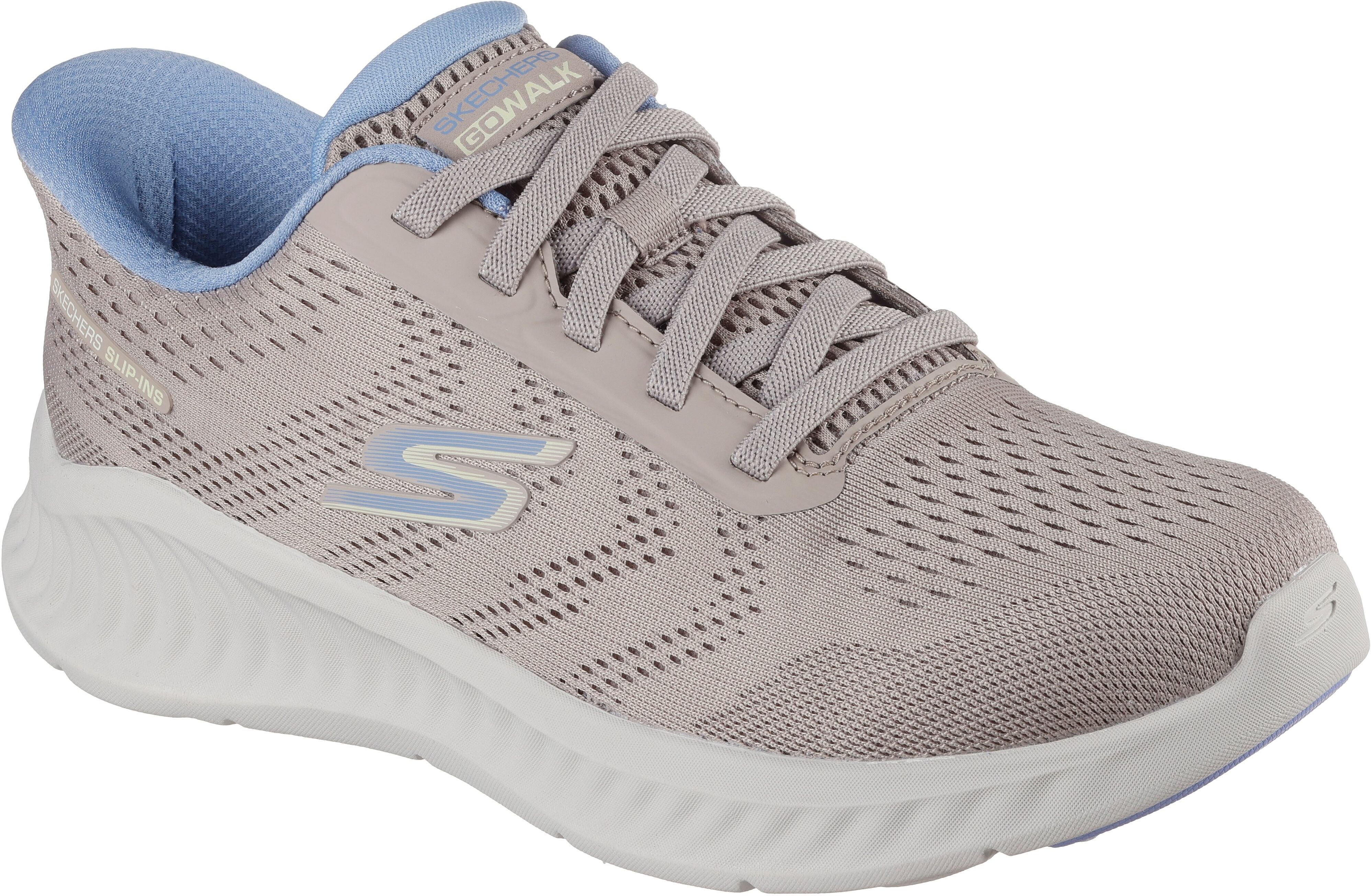 Slip-On Sneaker SKECHERS "GO WALK NOW-KHLOE", Damen, Gr. 43, grau (taupe), Textil, Schuhe Slip-On Sneaker, Freizeitschuh mit Fersenkissen und Slip-ins Technologie taupe 43