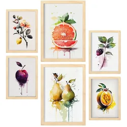 POSTER Set Mit 6 Saftige Früchte Plakate Von Obst Gemüse & Gesunden Lebensmitteln Im Aquarell Kunst Auf Reinweißen A3 & A4 Rahmen Aus Hellem Holz